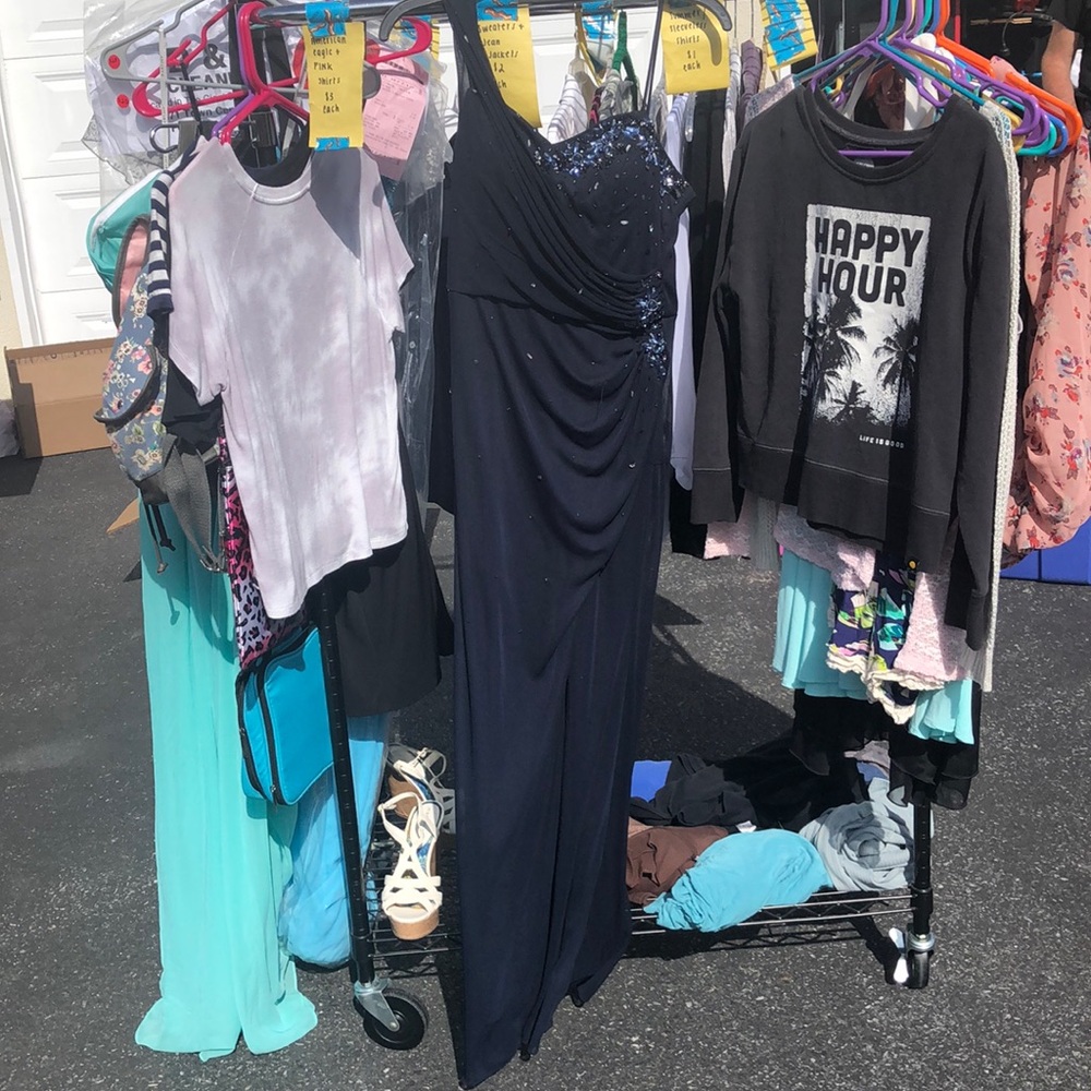 Navy blue one shoulder long dress with jems